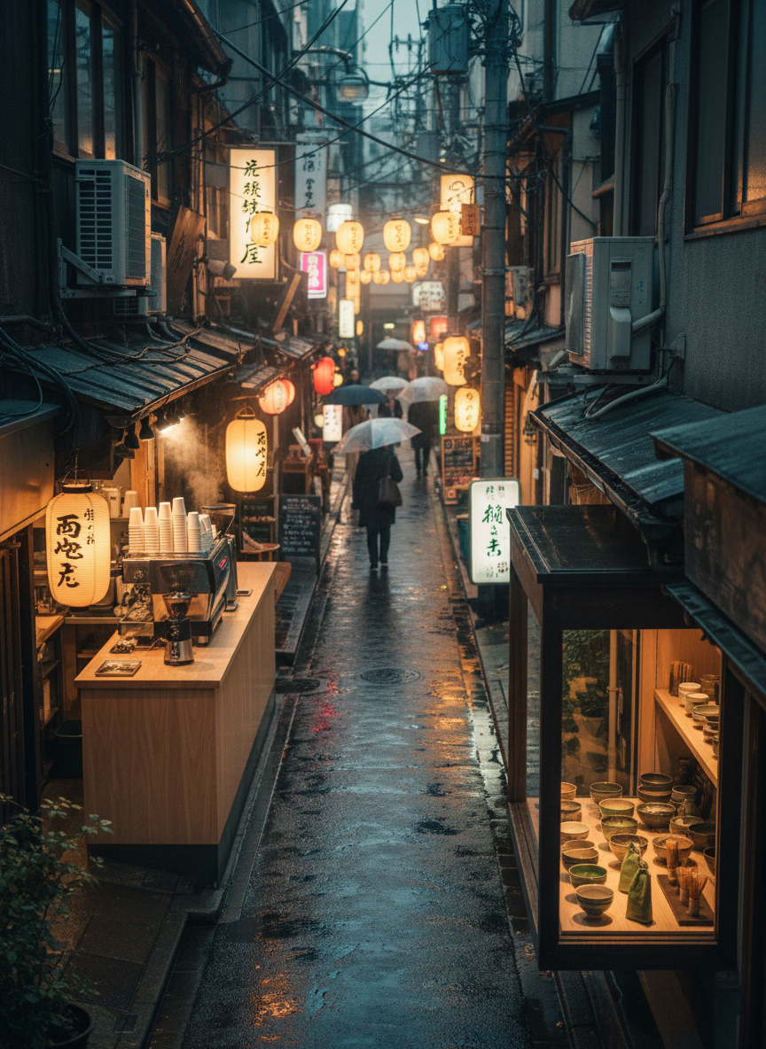 A narrow Tokyo side street at dusk, viewed from slightly above, lined with small cafes and tiny restaurants with softly glowing lanterns and discreet signs, all text blurred and unreadable. A single, inviting coffee stand with a minimalist counter displays a row of neatly arranged paper cups and a gleaming espresso machine, while a nearby shop window reveals an artful display of matcha bowls and bamboo whisks. The pavement glistens faintly as if after a light rain, reflecting the warm golden and cool neon lights. Photographic realism, cinematic composition with leading lines drawing the eye down the alley, creating a playful yet contemplative atmosphere of exploring the city between destinations.