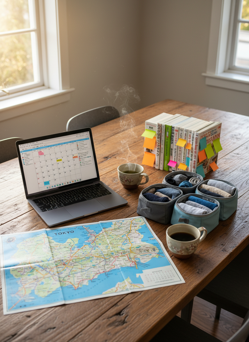 A large wooden dining table at home, covered with neatly arranged Tokyo travel planning materials: a colorful paper map of the city, a lightweight laptop open to a calendar, a stack of guidebooks with sticky notes peeking out, and an organized grid of packing cubes partially unzipped, showing rolled clothing. Beside them, a simple ceramic mug of green tea and a small cup of black coffee sit side by side. Late afternoon daylight streams from a nearby window, creating soft, diffused lighting and subtle shadows. The scene is shot from a slightly elevated angle, with photographic realism and a warm, anticipatory mood, capturing the quiet excitement and careful preparation for a month-long mission trip.