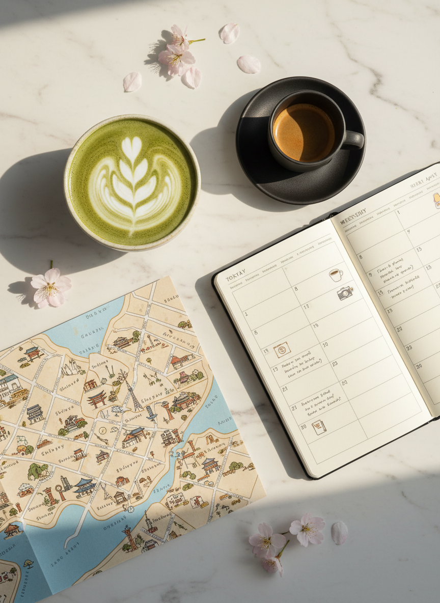A beautifully styled flat lay on a light marble surface: a ceramic matcha latte with latte art next to a small espresso cup, a hand-drawn illustrated map of Tokyo neighborhoods with highlighted landmarks, a weekly planner/schedule open with neat handwriting and small icons, and a few cherry blossom petals scattered around. Warm, clean, editorial photography style with soft natural light. Minimal and aesthetic, top-down angle.